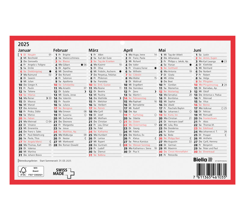 Calendrier tableau A5 23,5 × 15,5 cm 2025 