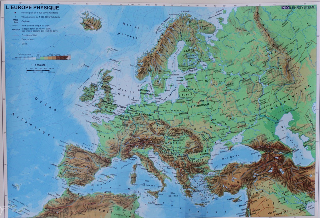 Carte murale de l'Europe physique 190 x 140 cm