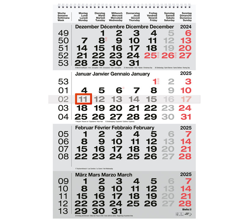 Calendrier mural 4 mois 2025